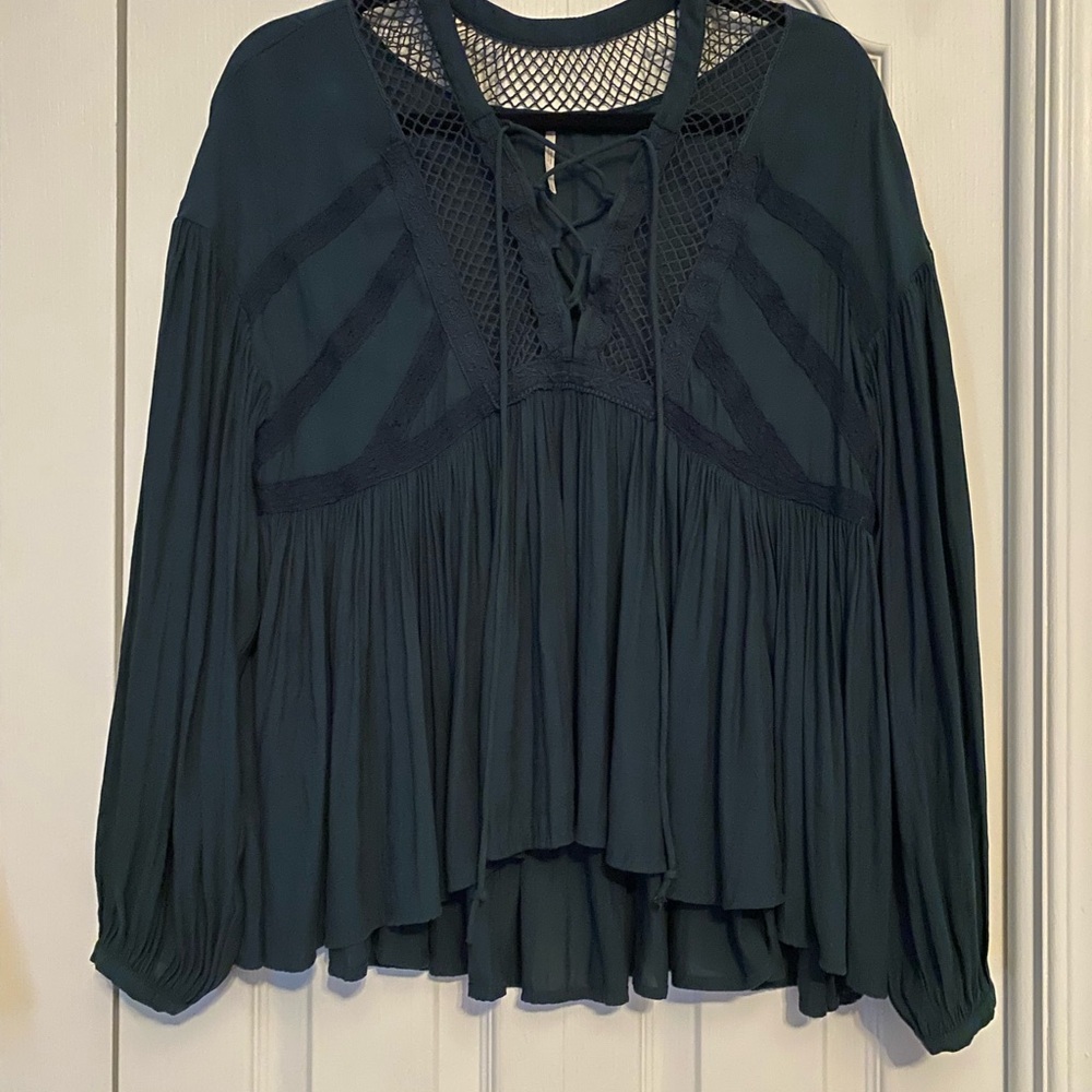 Free People Green Long Sleeve Pleated Blouse